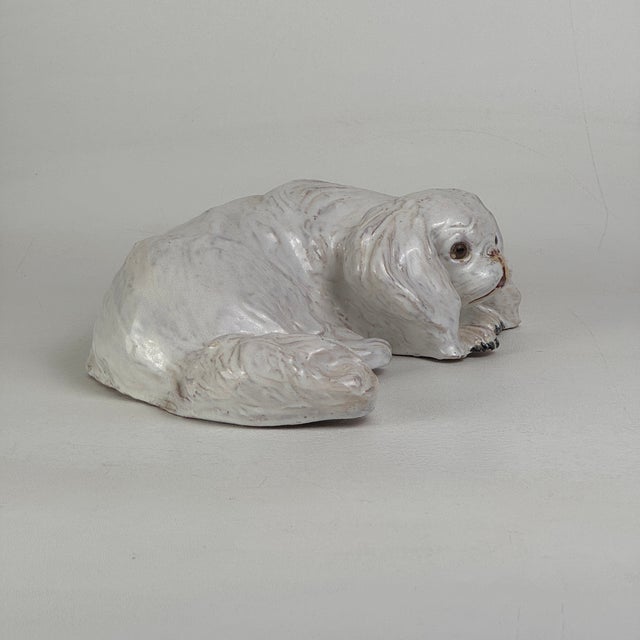 French Vintage French White Tin Glaze Terracotta Pekinese Dog Sculpture With Glass Eyes For Sale - Image 3 of 9