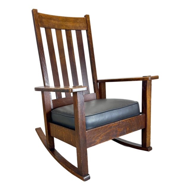 Antique Stickley Brothers Mission Oak Arts & Crafts Rocking Chair New Leather Seat For Sale