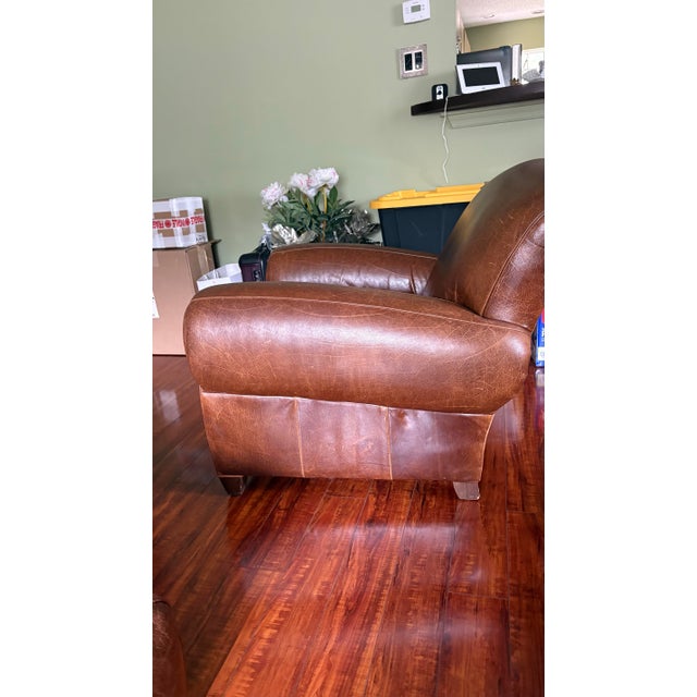 1990s Mitchell Gold 1930s Style Leather Manhattan Club Chair and Ottoman For Sale - Image 5 of 11