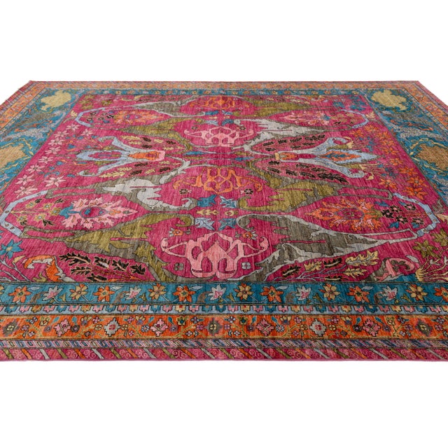 Pink Vibrant Fuchsia & Teal Modern Bidjar Style Wool Rug With Botanical Motifs 10x14 For Sale - Image 8 of 11