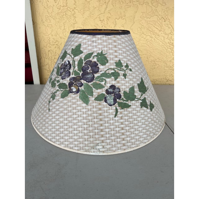 Beautiful large off white woven shade with purple flowers and bright green leaves. Measures 19” diameter and 10.5” tall