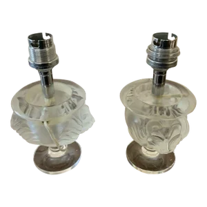 1940's French Regency Signed Lalique Frosted Art Glass "Lions Mask" Table Lamps a - Pair