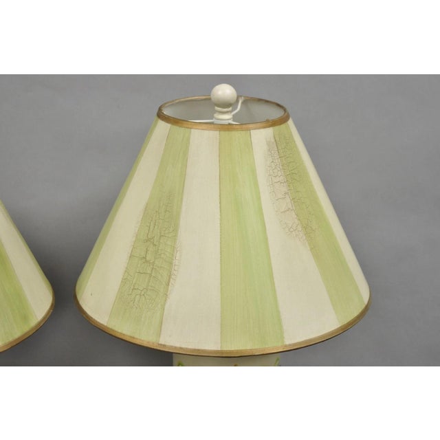 Late 20th Century French Country Cream & Green Distressed Tole Metal Cylinder Table Lamps - A Pair For Sale In Philadelphia - Image 6 of 14