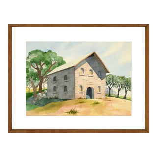1970s "Stone Barn on the Hilltop" Landscape Watercolor Painting by Gretchen Guard, Framed For Sale