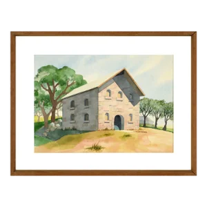 1970s "Stone Barn on the Hilltop" Landscape Watercolor Painting by Gretchen Guard, Framed