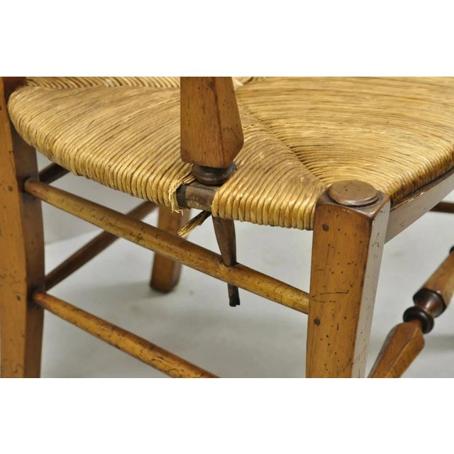 Late 20th Century Vintage French Country Cherry Wood Italian Distressed Rush Seat Dining Arm Chair For Sale In Philadelphia - Image 6 of 12