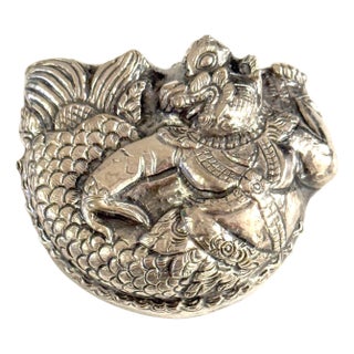 19th/20th C. Repoussé Silver Box Mythical Guardian Figure, Tibet or South India For Sale