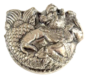 19th/20th C. Repoussé Silver Box Mythical Guardian Figure, Tibet or South India