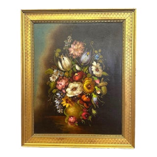 Vintage Signed Still Life Oil Painting – Decorative Floral Bouquet in Ornate Gilt Frame For Sale