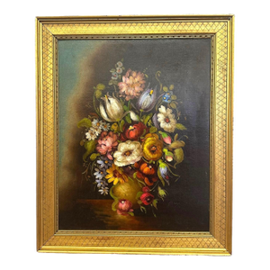 Vintage Signed Still Life Oil Painting – Decorative Floral Bouquet in Ornate Gilt Frame