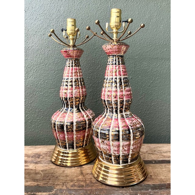 Pink Vintage MCM Glazed Ceramic Lamps - A Pair For Sale - Image 8 of 12