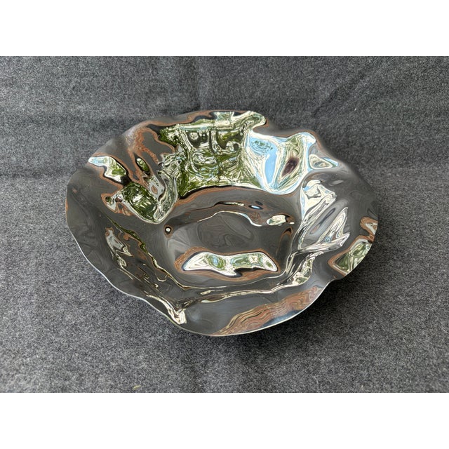 Vintage Alessi Crumpled Stainless Fruit Bread Bowl For Sale - Image 11 of 15