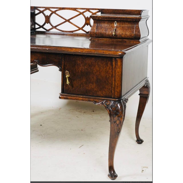 Wood 1920s English Georgian Revival Mahogany Kneehole Desk With Fretwork Gallery & Inset Leather Writing Surface For Sale - Image 7 of 10