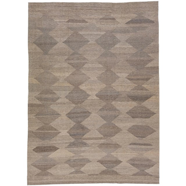 Textile 2020s Brown Flatweave Modern Kilim Wool Rug With Geometric Pattern For Sale - Image 7 of 7