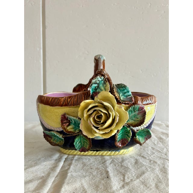 Antique French Barbotine Majolica Basket Vase Applied Rose Vase For Sale - Image 12 of 12