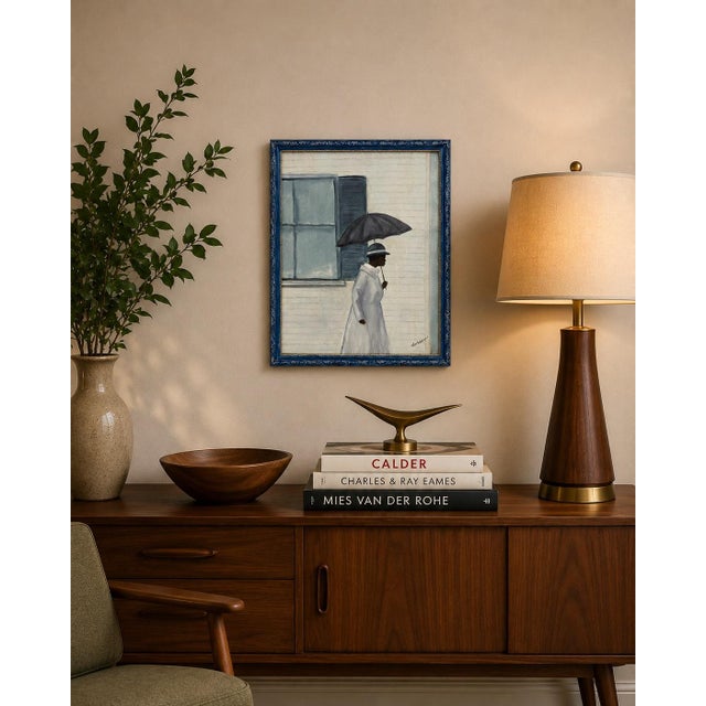 Vintage Naïve Figurative Painting of Woman With Umbrella For Sale - Image 11 of 11