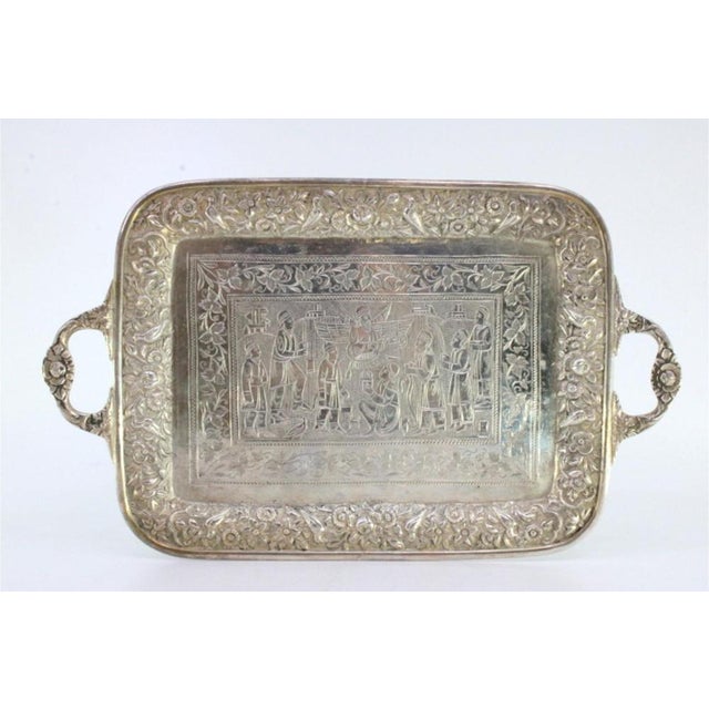 Islamic Style Silver Tray with Floral Relief and Engraved Scene of Veneration of the Prophet Muhammad For Sale - Image 6 of 7
