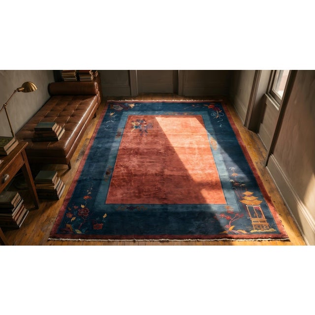 Textile 1920s Red Raspebery Floral Antique Chinese Art Deco Rug 9'4" X 11'4" Hand Knotted Wool Carpet For Sale - Image 7 of 9