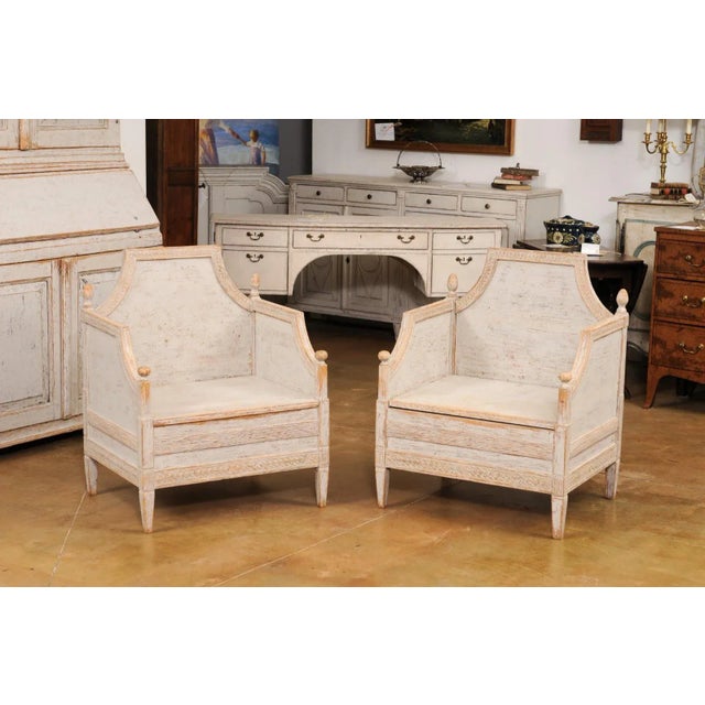 Neoclassical Neoclassical Style 1850s Gray Painted and Carved Armchairs with Guilloches, Pair For Sale - Image 3 of 12