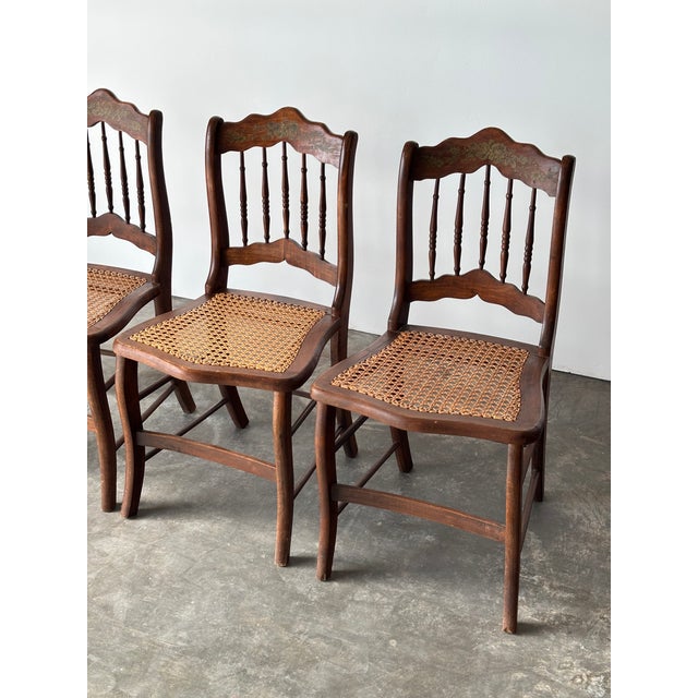 Antique Set of 4 Turned-Spindle Cane Seat Dining Chairs For Sale - Image 4 of 18