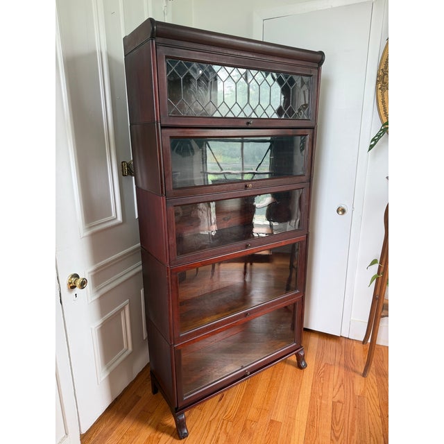 Arts & Crafts Antique 5 Stack Barrister Bookcase Lundstrom Arts & Crafts Mahogany & Leaded Glass Circa 1920 For Sale - Image 3 of 12