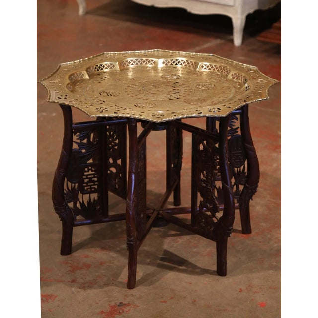 Midcentury Chinese Carved Six-Leg Folding Table Base With Engraved Brass Top For Sale - Image 9 of 9