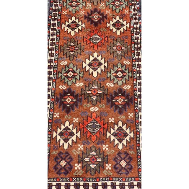 Mid 20th Century Vintage Turkish Kars Runner With Tribal Motif Design in Orange-Brown Colors 1'9 X 6'5 For Sale - Image 5 of 12