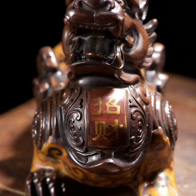 Bronze Pair of Vintage Cloisonné Enamel Pixiu Statues With Gilt Bronze Accents For Sale - Image 8 of 9
