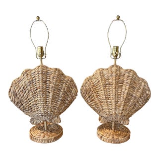 Pair of Woven Grass Scalloped Clam Shell Seashell Beach Table Lamps Newly Wired For Sale