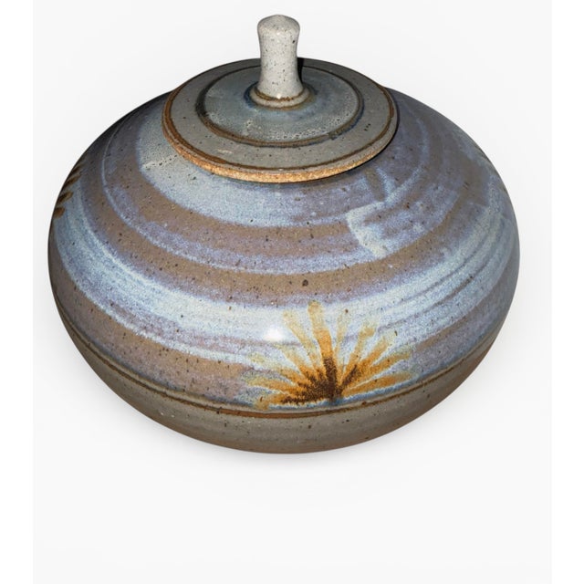 Ceramic Large Vintage Studio Pottery Covered Jar – Wheel-Thrown Stoneware Lidded Vessel With Brushwork, Signed (1970s–80s) For Sale - Image 7 of 12