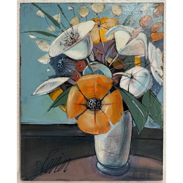 Textile Charles Levier, Charles Levier Modernist Artist Vase of Flowers in Bloom Window Paris Modernism, c.1960's For Sale - Image 7 of 7