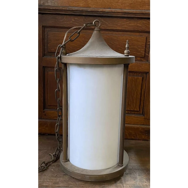 27” tall 13” diameter 7 foot chain This light has been updated to fit a newer bulb shown on the picture.