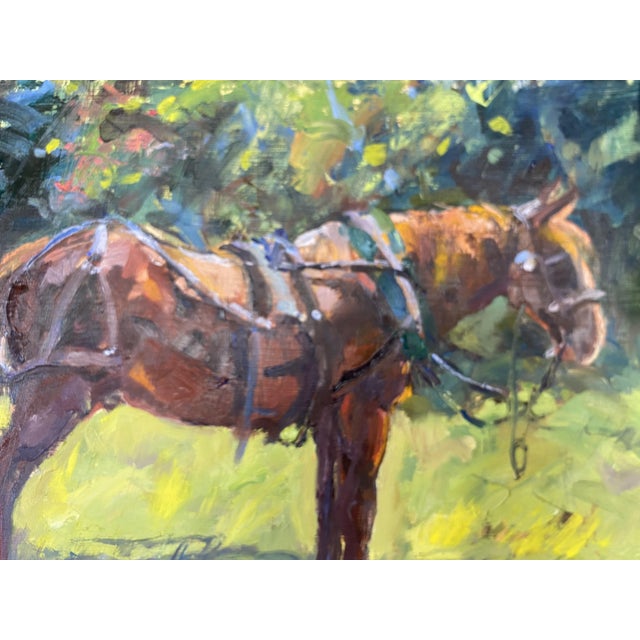 2020s "Half Hitched" ~ Lorie Batson, Original Oil Painting. Portrait of an Amish Horse Stands in a Colorful Summer Background For Sale - Image 5 of 12