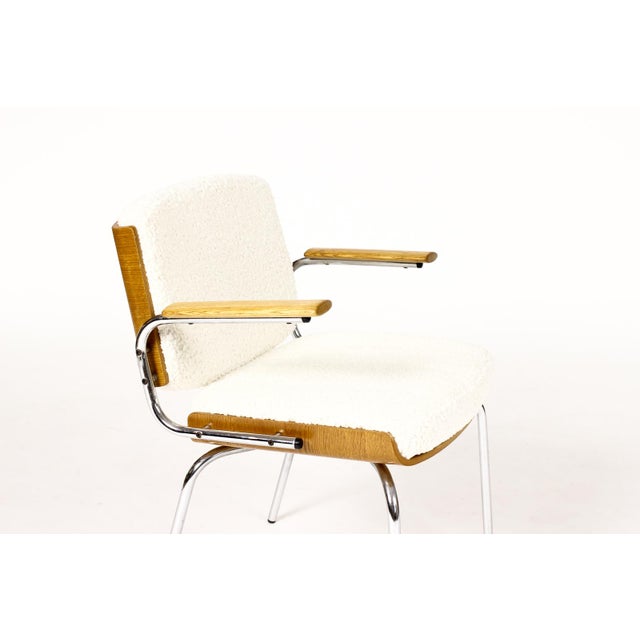 1960s Danish Modern / Mid Century Arm Chairs — Attributed to Duba Møbelindustri — Chrome + Oak + Natural Bouclé For Sale - Image 9 of 10