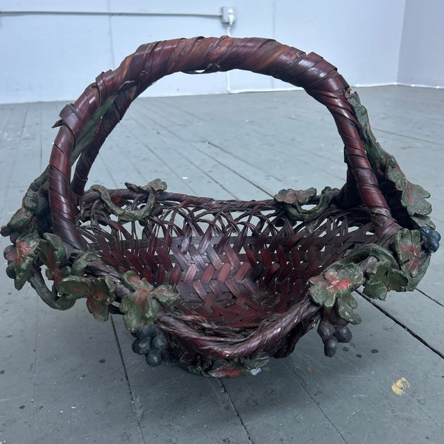 1920s Antique Japanese Woven Bamboo Ikebana Basket With Grapevine Applique For Sale - Image 5 of 9