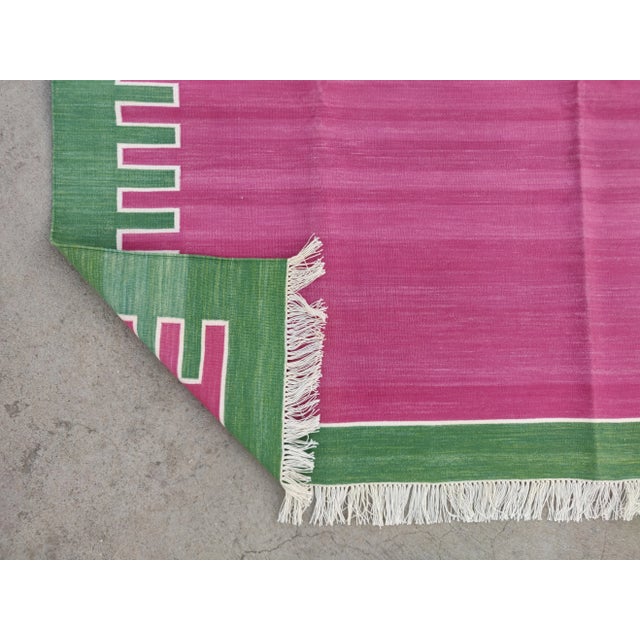 Textile Handmade Cotton Rug, Raspberry with Forest Green Geometric Border and Cream Fringe - 6'x9' For Sale - Image 7 of 10