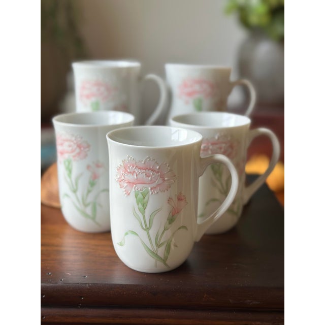 Otagiri Company 1980s Vintage Japanese Otagiri Porcelain Pink Carnation Mugs - Set of 5 For Sale - Image 4 of 6
