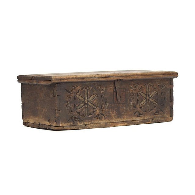 Antique Rustic Folk Art Spanish Carved Chest For Sale - Image 5 of 12