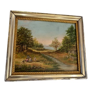 Vintage Oil on Board Painting of People in a Rural Landscape by the Lake For Sale