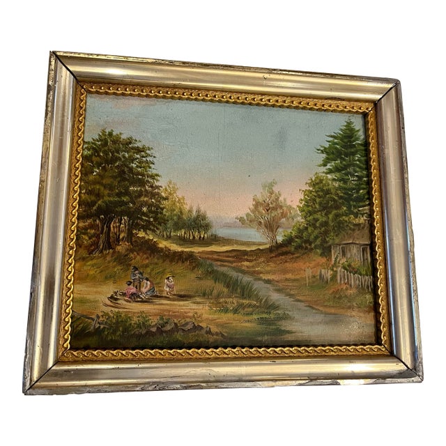 Vintage Oil on Board Painting of People in a Rural Landscape by the Lake For Sale