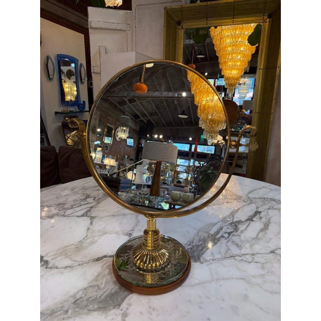 Brass Vintage Brass Vanity Mirror With Etched Glass Base and Wood Trim For Sale - Image 8 of 10
