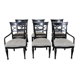 Late 20th Century Set of 6 Stanley Furniture Black X Back Dining Chairs Black White Check Fabric For Sale