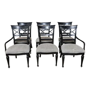 Late 20th Century Set of 6 Stanley Furniture Black X Back Dining Chairs Black White Check Fabric