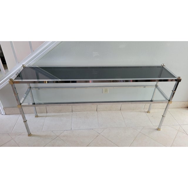 Hollywood Regency 1970s Vintage Chrome and Glass With Brass Details Entry Table For Sale - Image 3 of 12