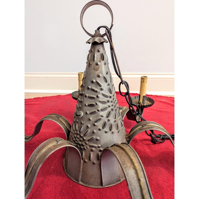 Vintage Hand-Punched Tin Witch's Hat 6-Arm Chandelier – By Irvin's Country Tinware For Sale - Image 12 of 18