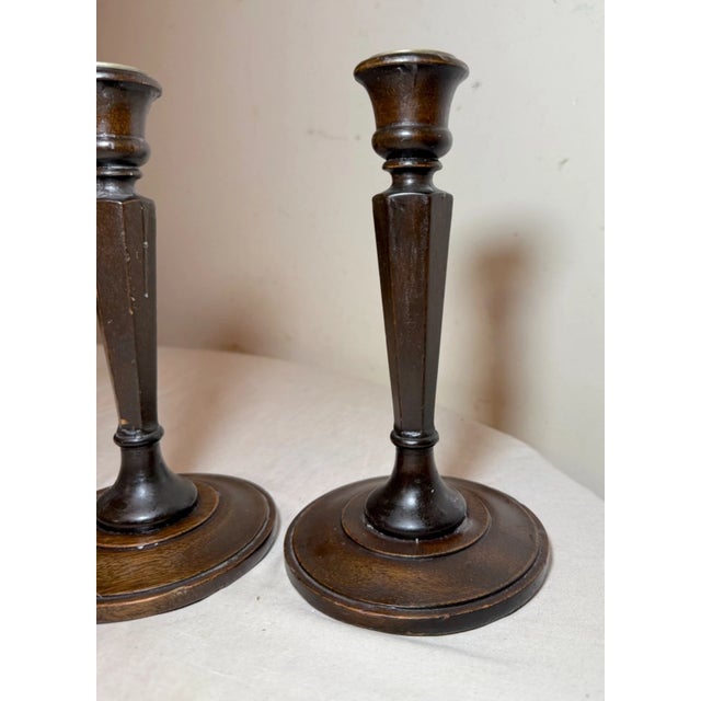 Pair Antique 1800's Hand Carved English Wood Brass Candlesticks Candle Holders For Sale In New York - Image 6 of 9