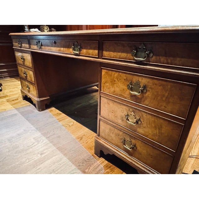 Wood George II Style Burl Walnut Leather Top Partners Desk For Sale - Image 7 of 11