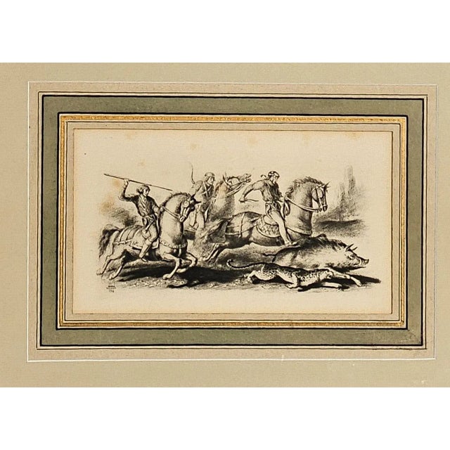 A French engraving of a boar hunt, signed Serge Ivanoff and dated 1933.