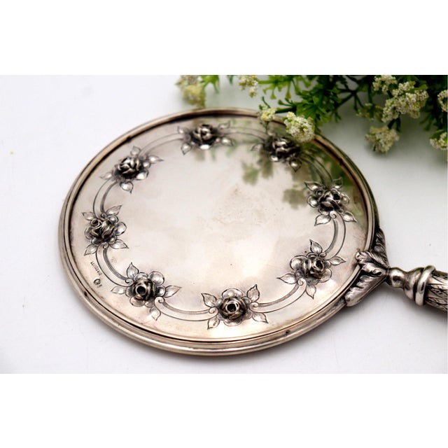 Silver Hand Mirror with Reliefs and Rose Applications on the Back, in Good conditions.
