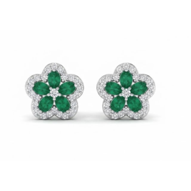 Metal Natural 1.52cts Emerald & 0.56cts Diamond Earring in 14k White Gold For Sale - Image 7 of 8
